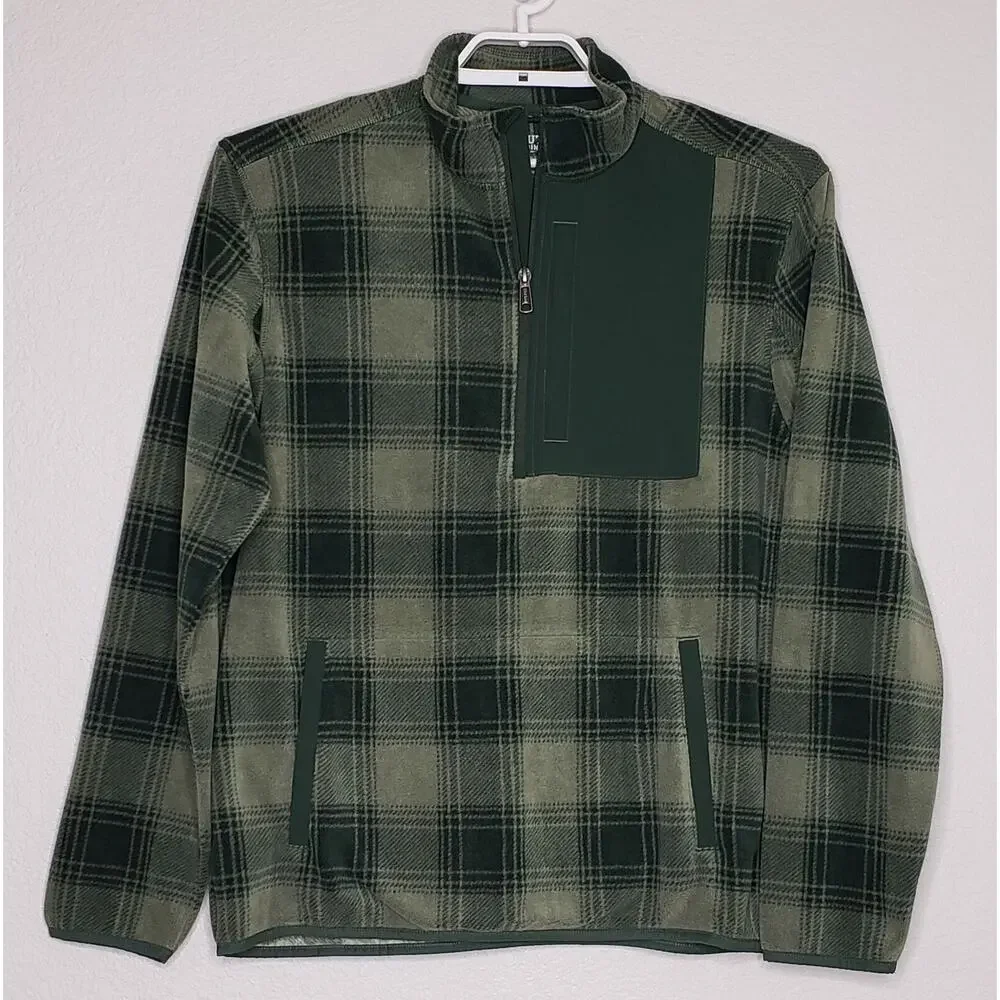 Duluth Trading Co.‎ Men's Jacket Medium Green Plaid Relaxed Fit 1/4 Zip Fleece